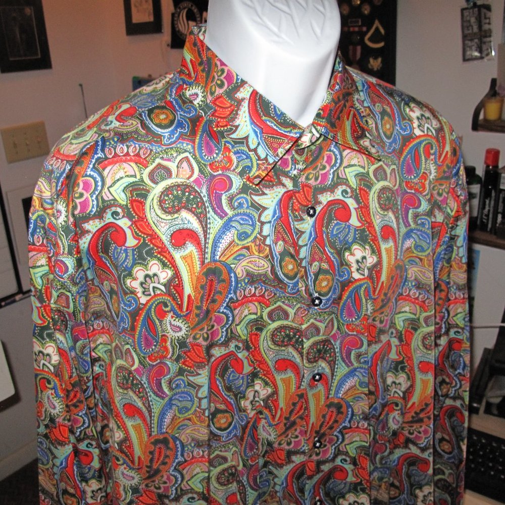 Sized EU 2XLT Visconti Black Indian Paisley Casual Dress Shirt.